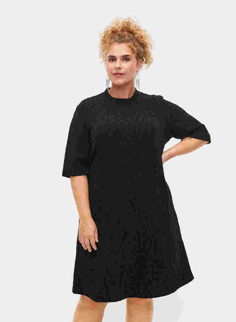Mönstrad klänning med glitter och korta ärmar, Black/Black Lurex, Model