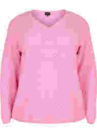 Stickad tröja med mönster och v-ringad hals, Begonia Pink