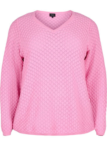 Stickad tröja med mönster och v-ringad hals, Begonia Pink, Packshot image number 0