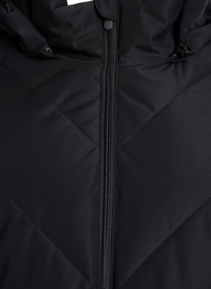 Lång vinterkappa med hyskknäppning och krage i fuskpäls, Svart, Packshot image number 2