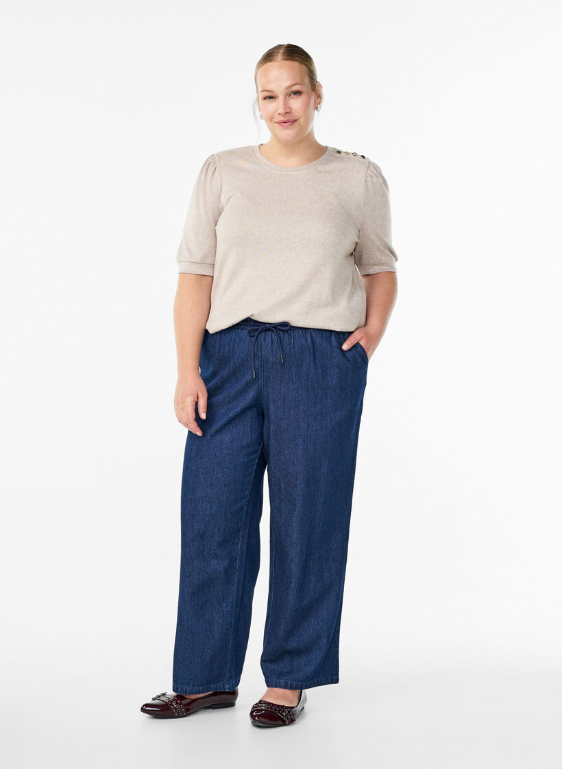 Blus med knappdetalj och korta puff&auml;rmar, Beige, Model image number 1