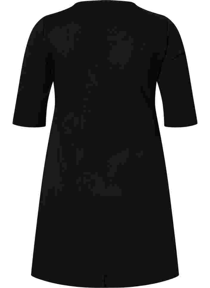 Enfärgad klänning med 3/4-ärmar och slits, Black, Packshot image number 1