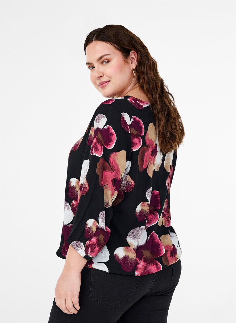 Blus i viskos med blomm&ouml;nster och smock, Svart, Model image number 2