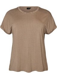 Randig t-shirt i viskos med rund halsringning, Beige
