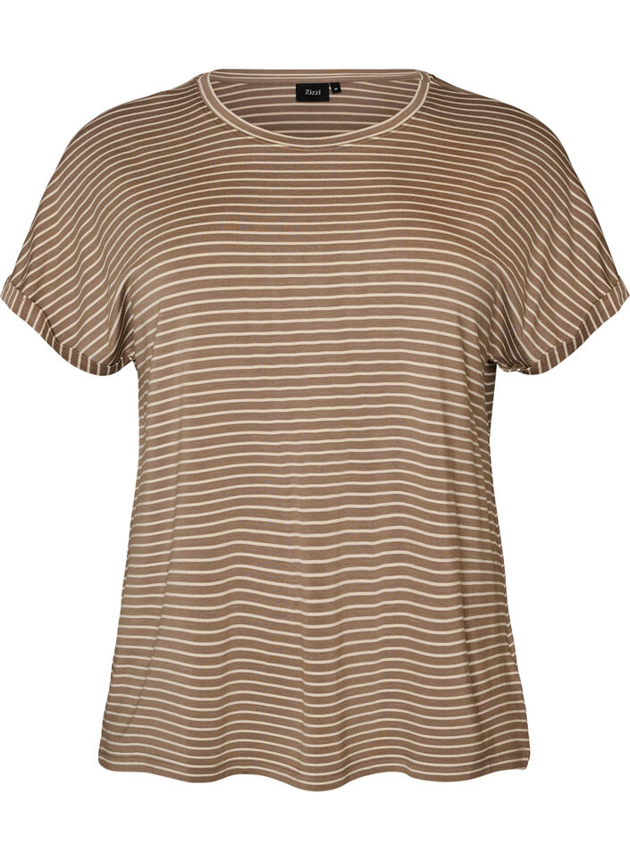 Randig t-shirt i viskos med rund halsringning, Beige, Packshot image number 0
