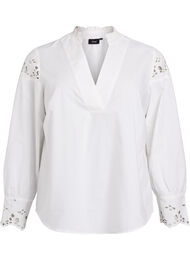 Blus med v-ringning och broderie anglaise-detaljer, Vit