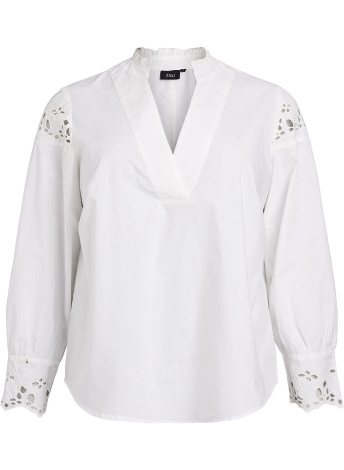 Blus med v-ringning och broderie anglaise-detaljer, Vit, Packshot