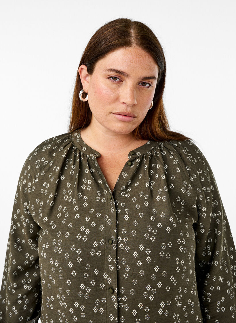 Långärmad tunika med blommönster, Grön, Image image number 0