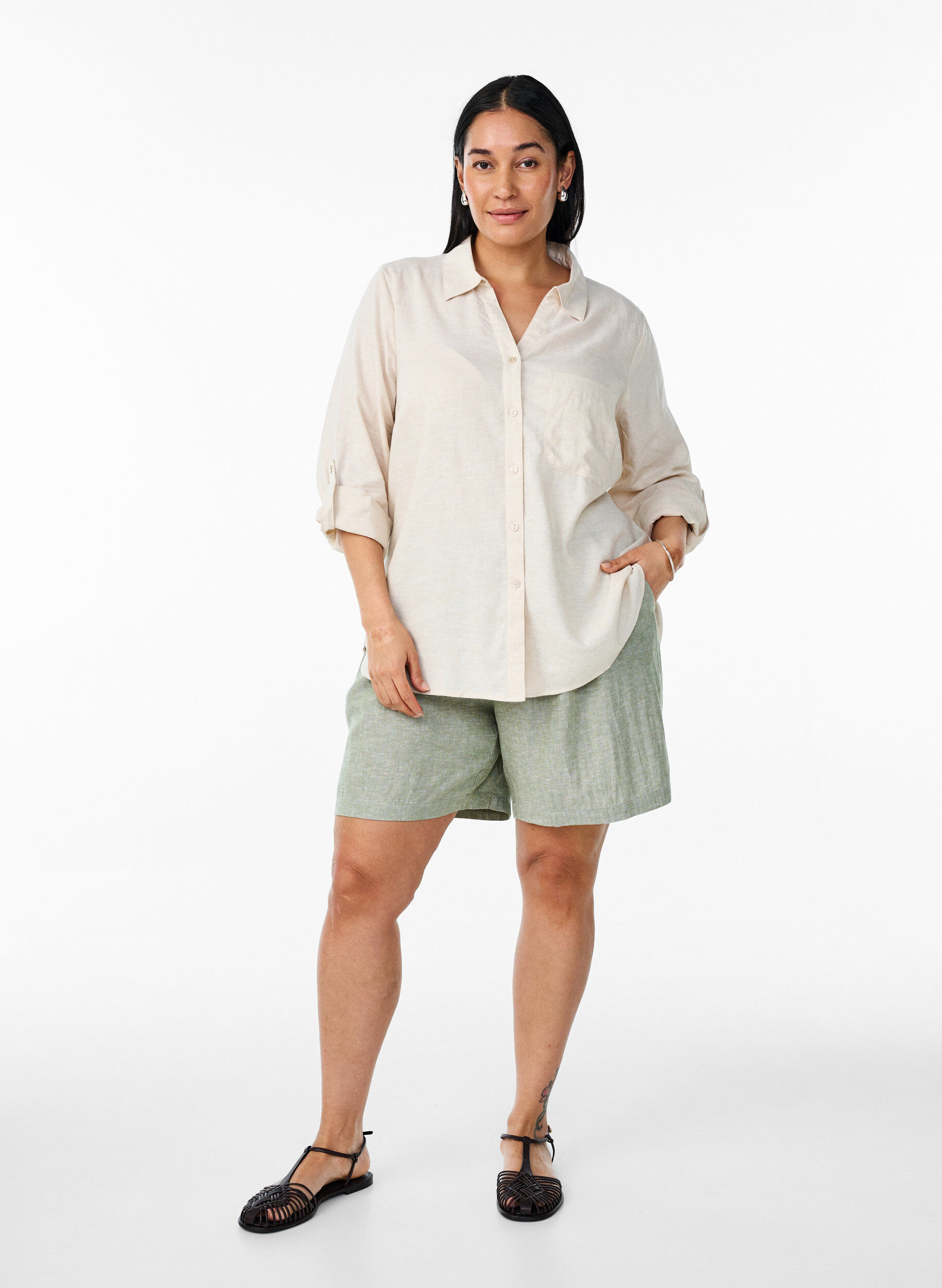 ZizziSkjorta i linne och viskos med 3/4-&auml;rmar, Beige, Model image number 1