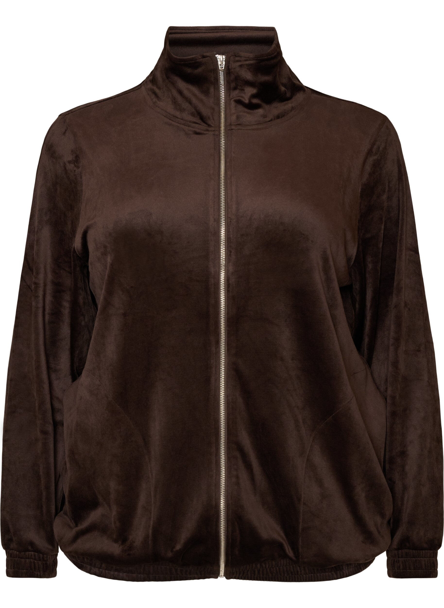 ZizziKofta i mjuk velour med dragkedja och h&ouml;g krage, Brun, Packshot image number 0