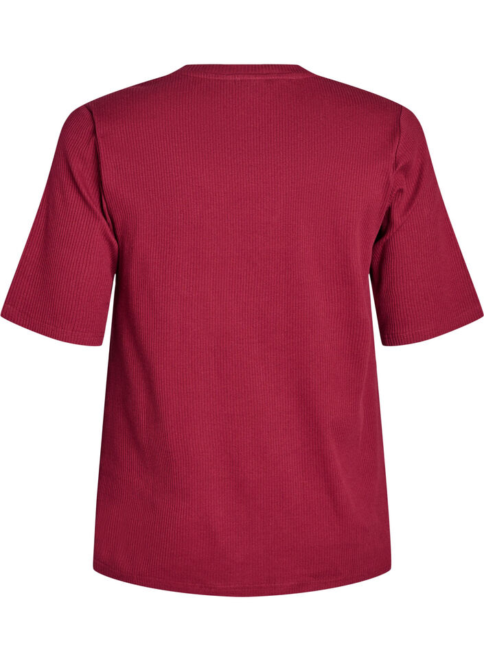Blus i ribbad jersey med korta &auml;rmar, M&ouml;rk Bordeaux, Packshot image number 1