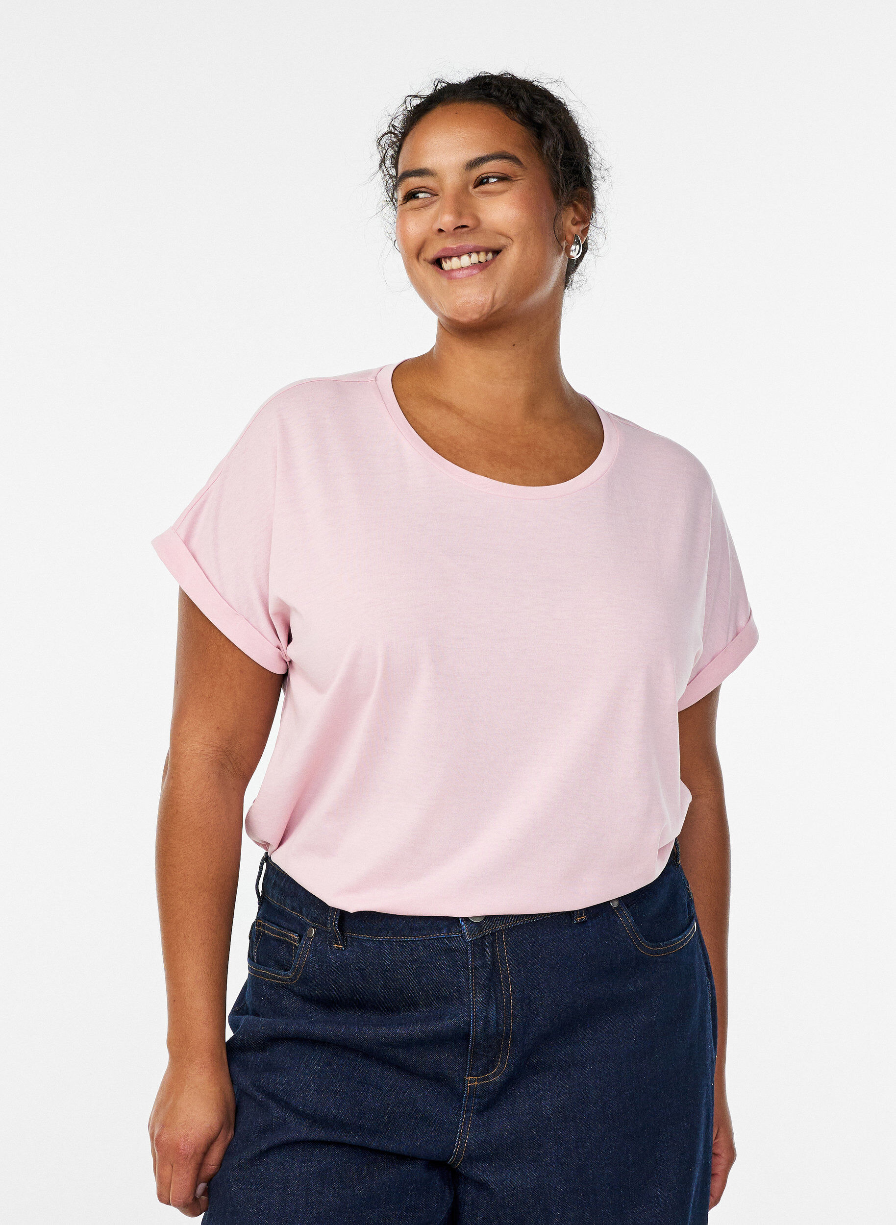 ZizziKort&auml;rmad t-shirt i bomullsmix, Rosa, Model image number 0