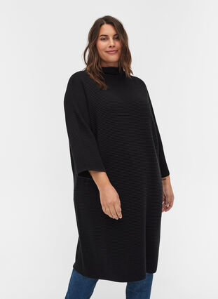 Stickad klänning med croppade ärmar, Black, Model image number 0
