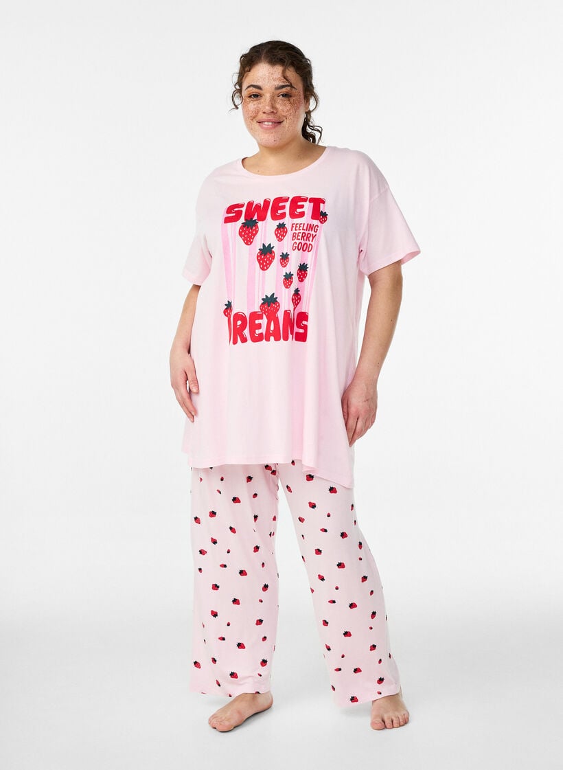 Pyjamasbyxor i mjuk jersey med h&ouml;g midja och fruktm&ouml;nster, Rosa, Model image number 0