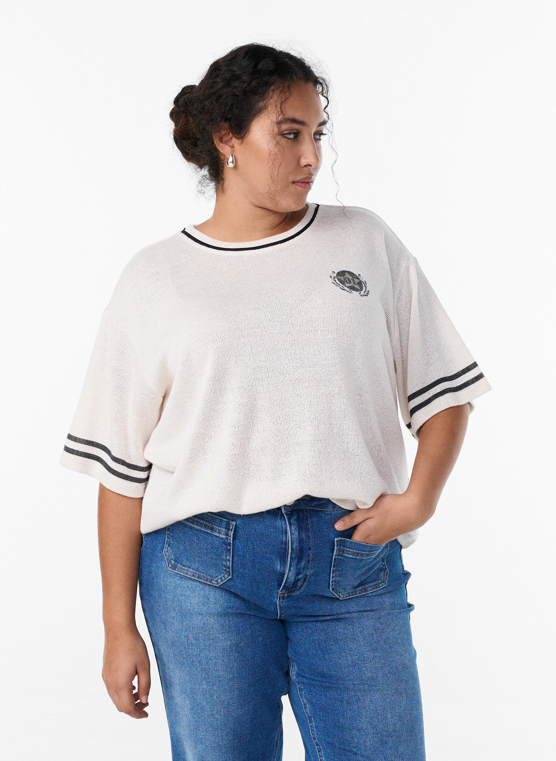 Kort&auml;rmad blus med kontrastr&auml;nder, Beige, Model