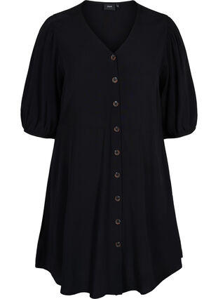 Klänning med knappar och 3/4 ärmar, Black, Packshot image number 0