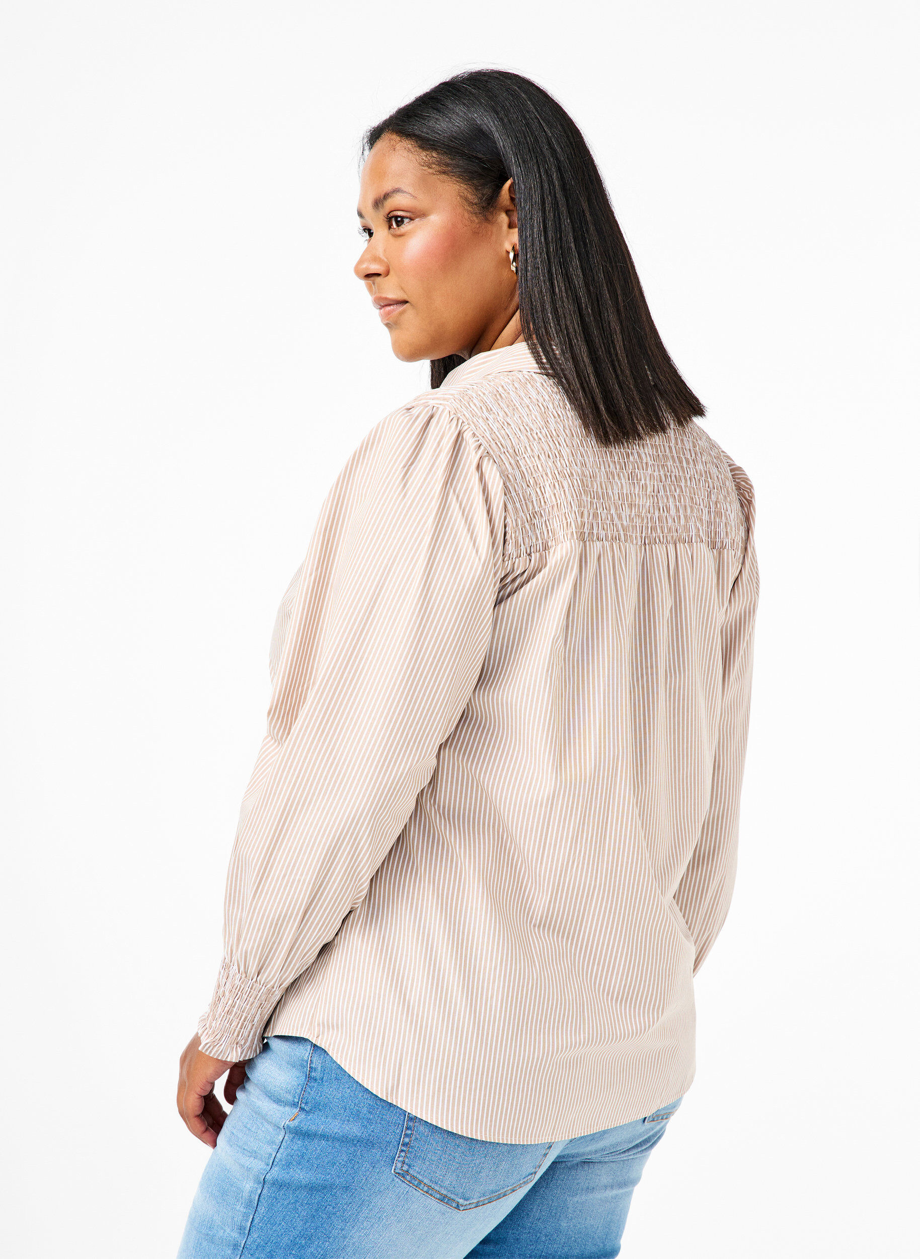 Zizzi Randig skjorta med smock, Silver Mink Wh. St., Model image number 1