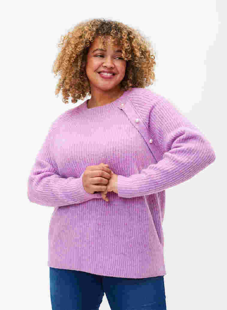 Melerad stickad tröja med pärlknappar, Purple Mel., Model image number 0