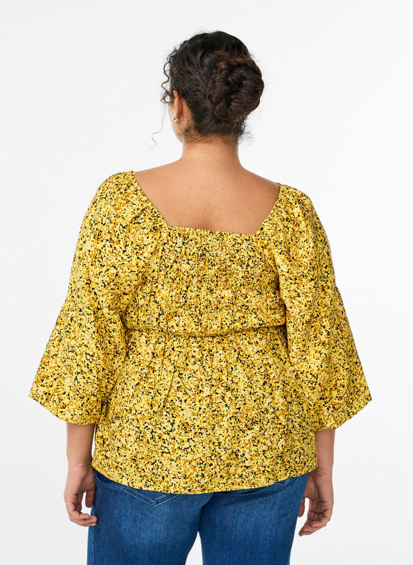 Blus med smock och fyrkantig ringning, Gul, Model image number 2