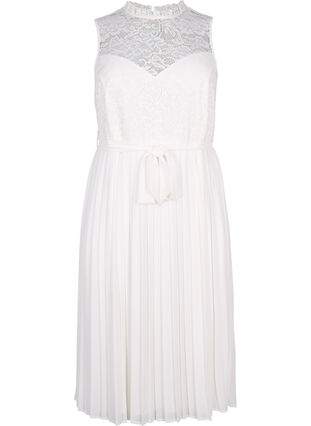 Ärmlös klänning med spets och veck, Bright White, Packshot image number 0