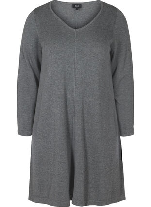 Enfärgad stickad klänning med långa ärmar, Dark Grey Melange, Packshot image number 0