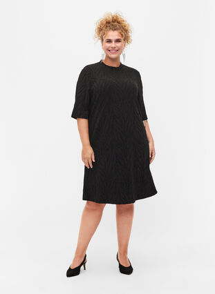 Mönstrad klänning med glitter och korta ärmar, Black/Black Lurex, Model image number 2