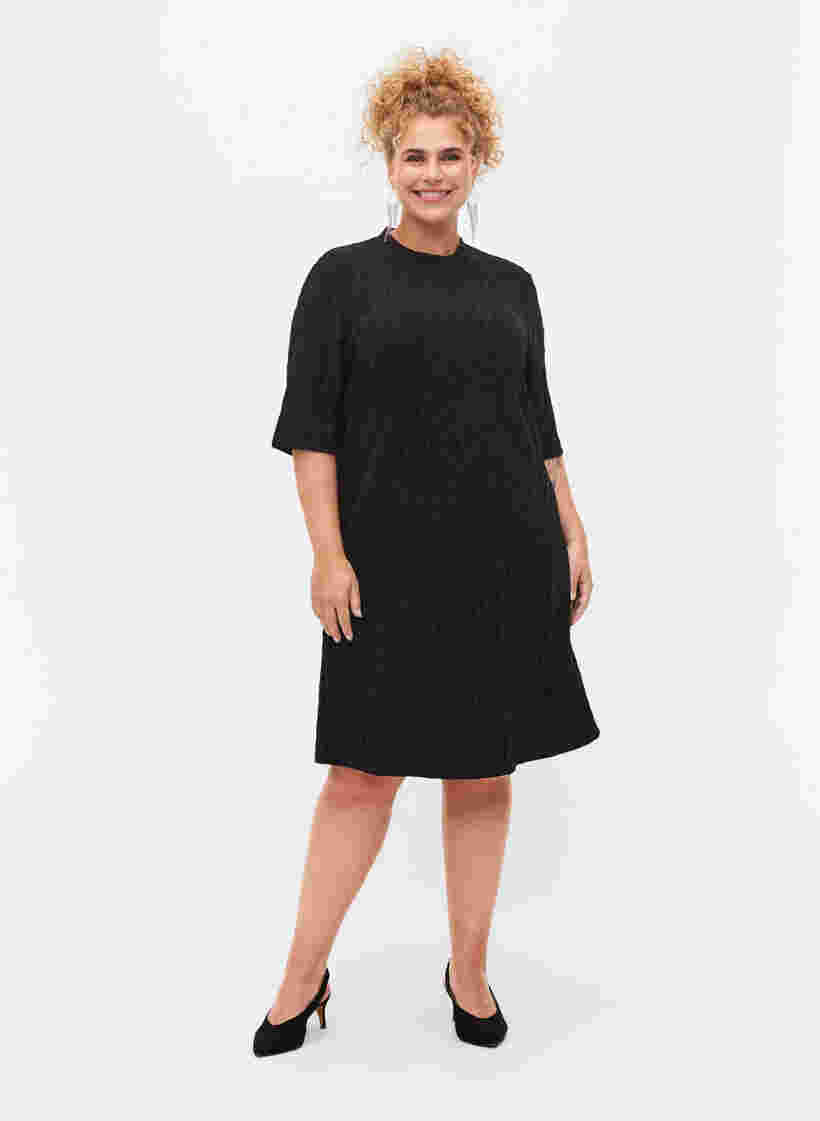 Mönstrad klänning med glitter och korta ärmar, Black/Black Lurex, Model image number 2