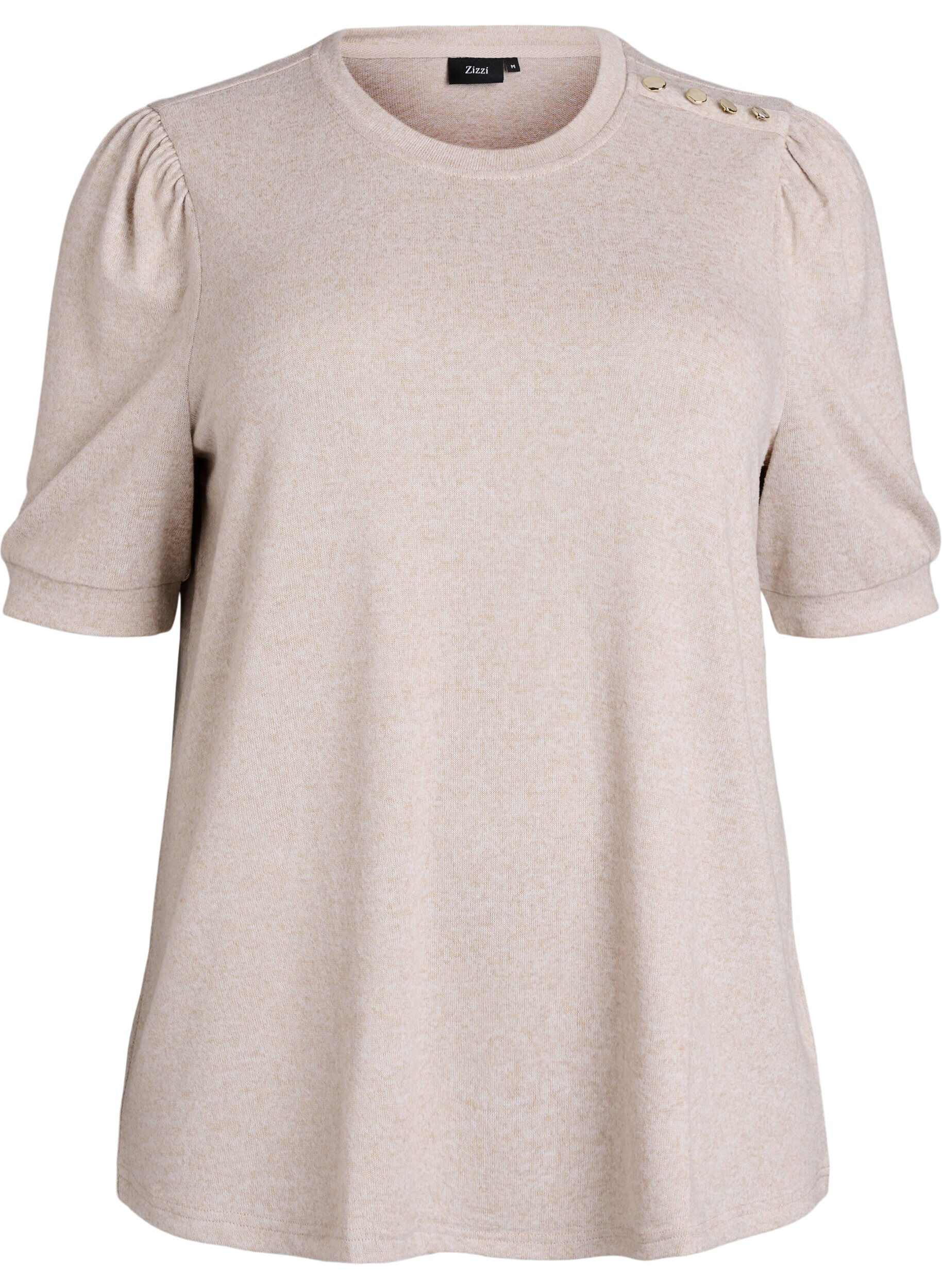 ZizziBlus med knappdetalj och korta puff&auml;rmar, Beige, Packshot image number 0