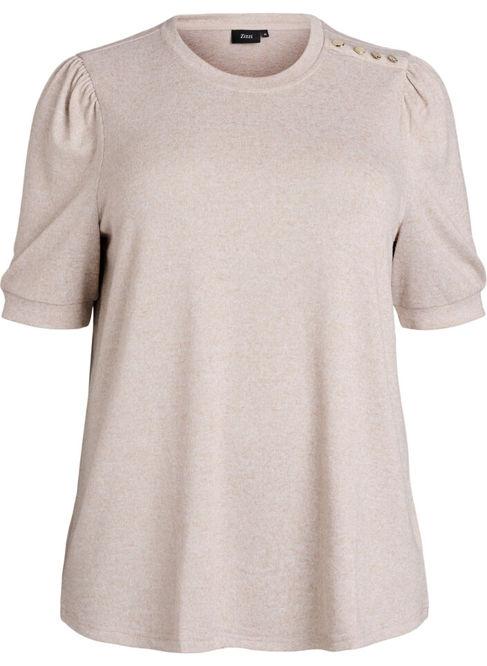 Blus med knappdetalj och korta puff&auml;rmar, Beige, Packshot image number 0