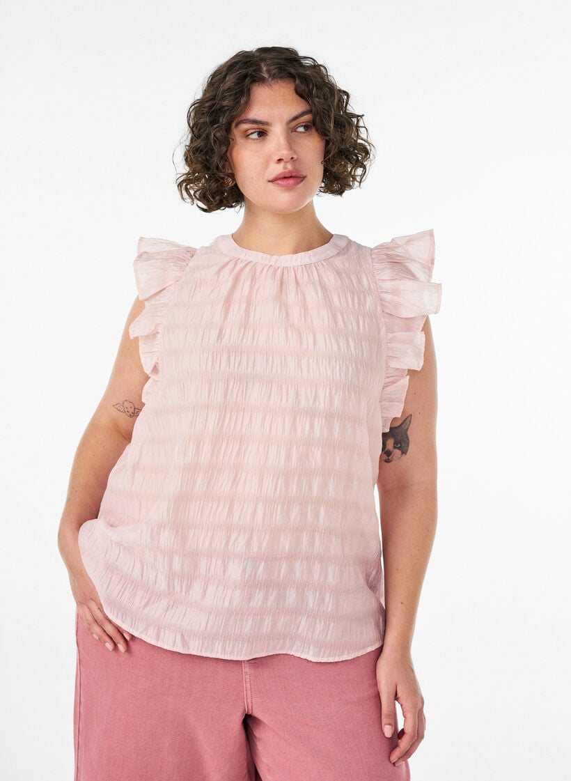 &Auml;rml&ouml;s blus med struktur och volanger, Rosa, Model image number 0