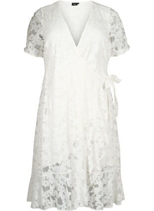 Omlottklänning med spets och korta ärmar, Bright White, Packshot image number 0