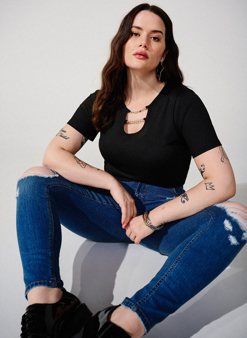 Slim fit-jeans med nötta detaljer, Blue Denim, Image image number 0