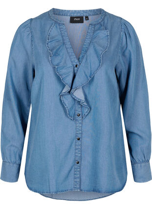 Långärmad skjorta med v-ringad hals och volanger, Blue denim, Packshot image number 0