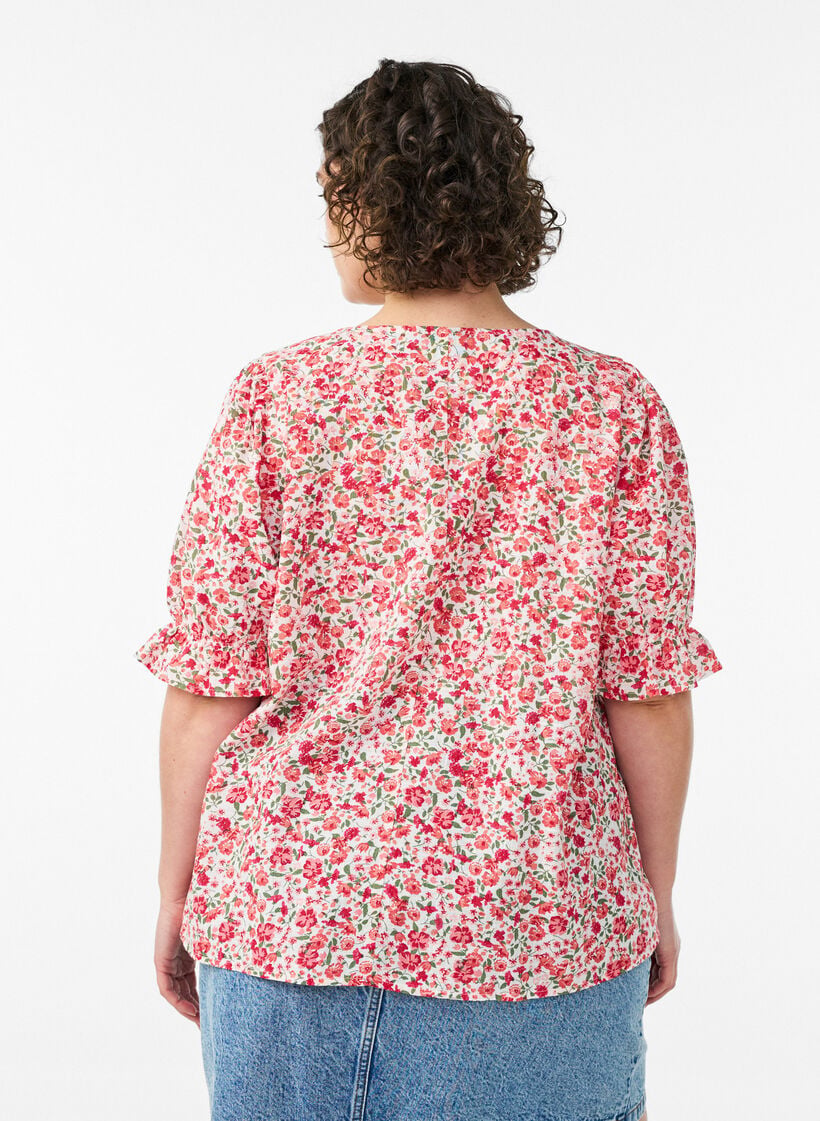 Blus i bomull med fyrkantig ringning, R&ouml;d, Model image number 2