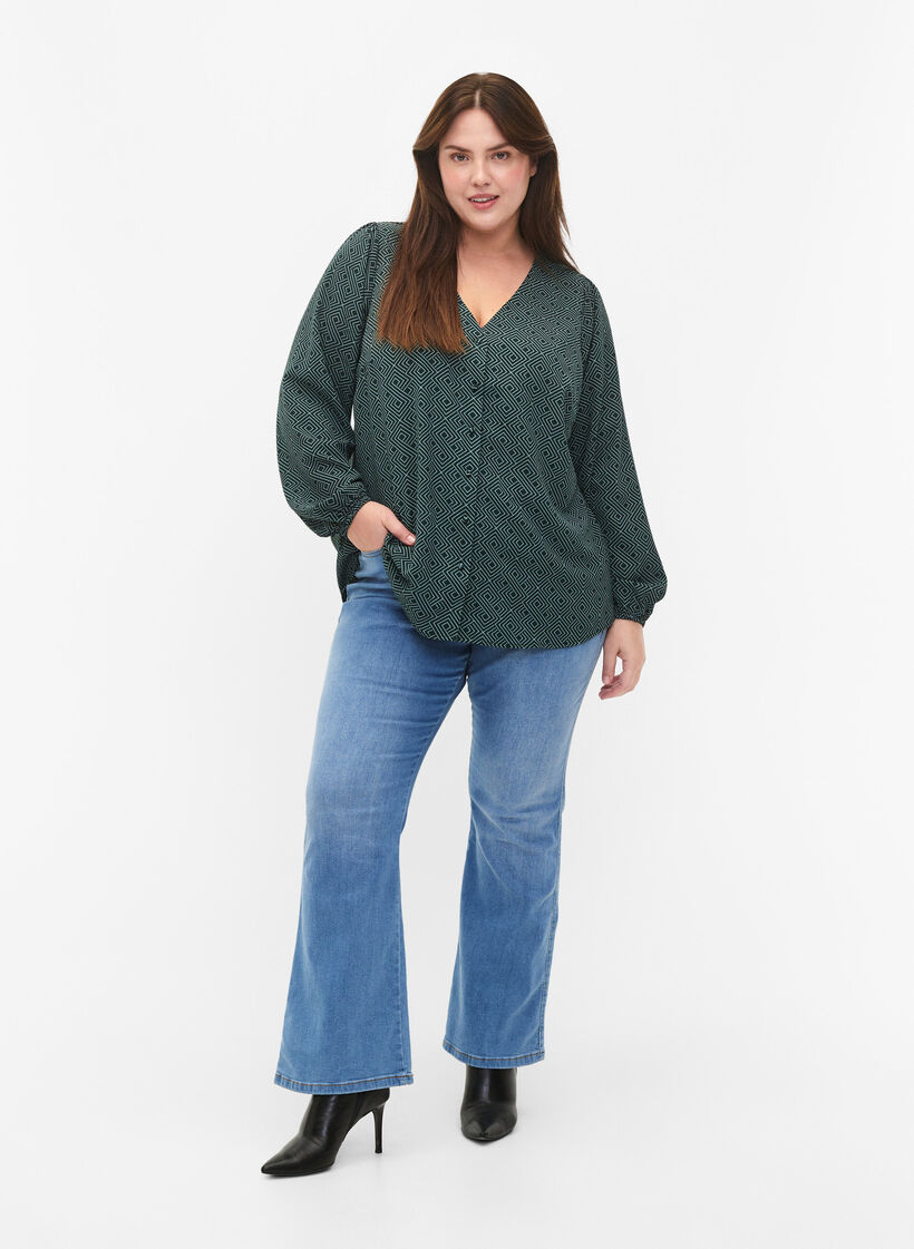 Skjortblus med V-ringning och tryck, Scarab Graphic AOP, Model image number 2