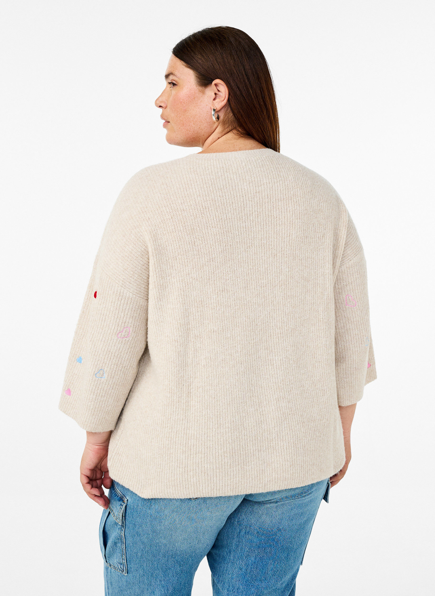 Zizzi Stickad blus med hj&auml;rtan och 3/4-&auml;rmar, Beige, Model image number 2