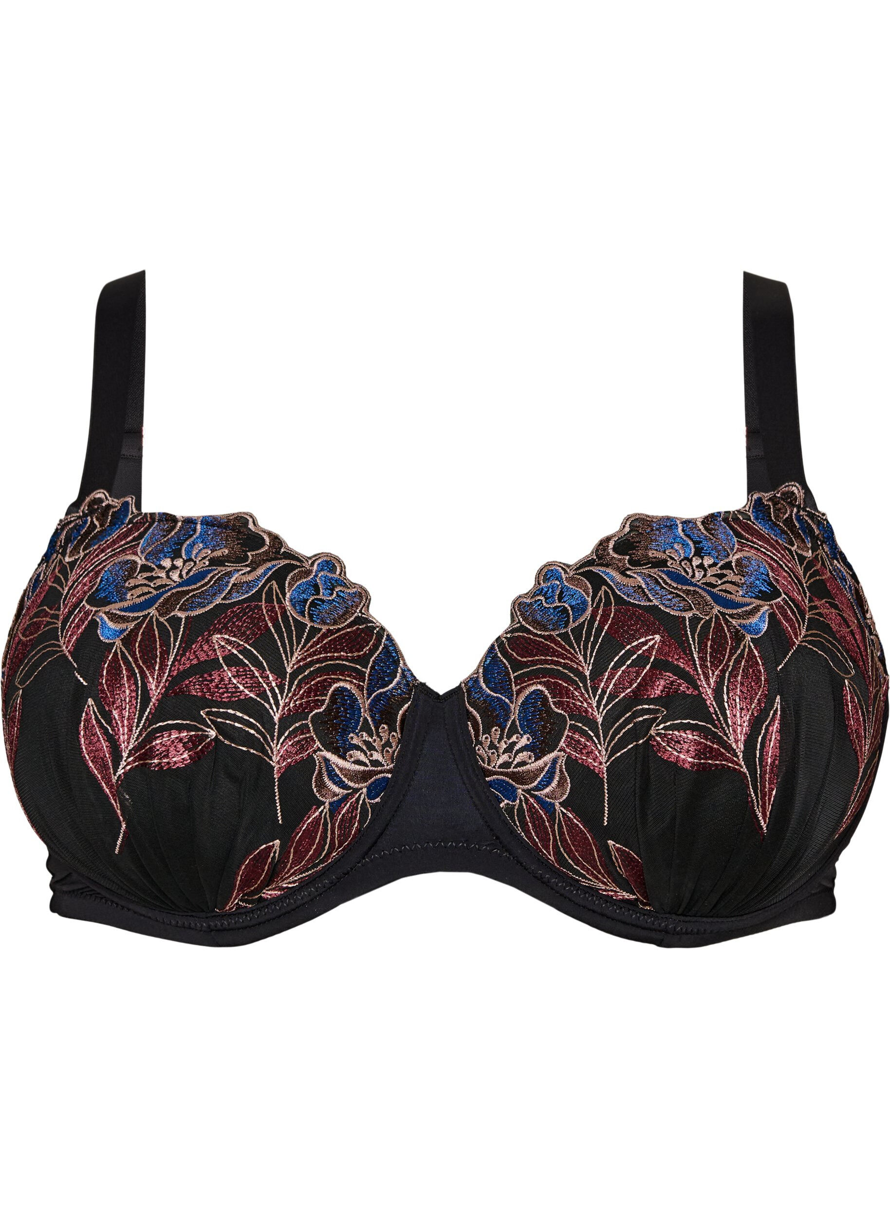 ZizziFormpressad BH med blomsterbroderi, Svart, Packshot image number 0