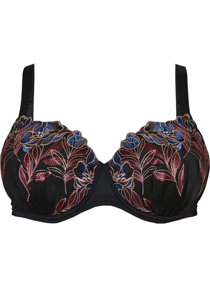 Formpressad BH med blomsterbroderi, Svart, Packshot image number 0