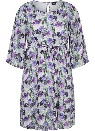 Plisserad klänning med mönster och knytband, Purple Flower Mix, Packshot image number 0