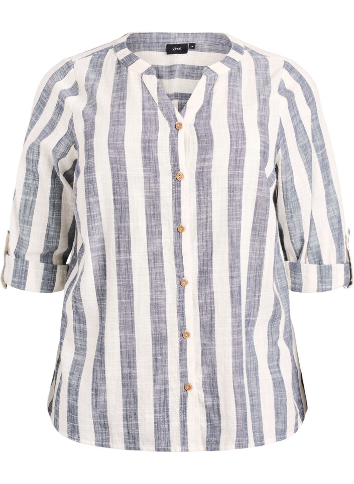 Skjortblus i bomull med v-ringning, Bl&aring;, Packshot image number 0