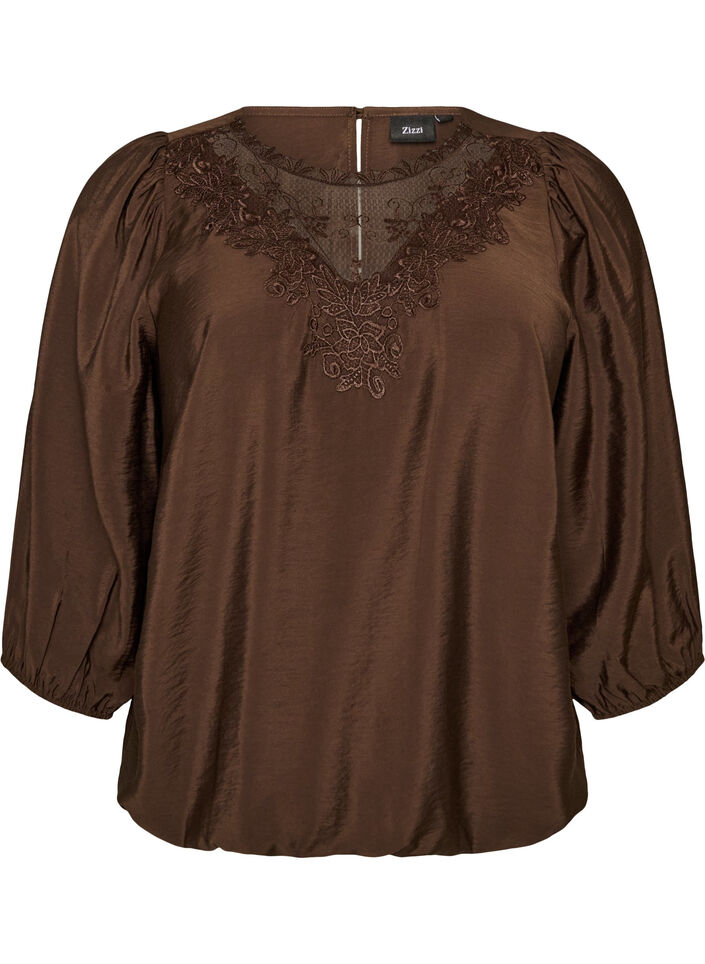 Blus med 3/4-&auml;rm och spetsdetaljer, Brun, Packshot image number 0
