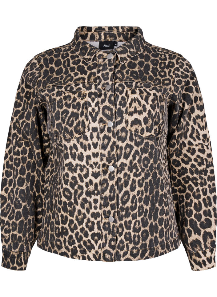 Jeansjacka med leopardmönster och bröstfickor, Brun, Packshot image number 0