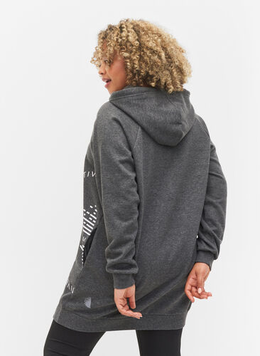Lång sweatshirt med huva och tryck, Dark Grey Melange, Model image number 1