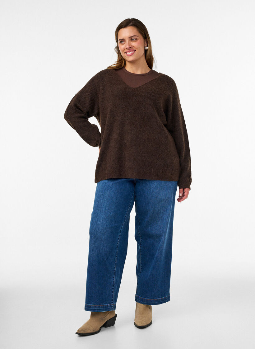 Stickad blus med v-ringning och raglan&auml;rmar, Brun, Model image number 1