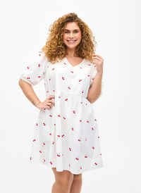 Klänning med körsbärsmönster och a-linjeform, B. White/Cherry, Model