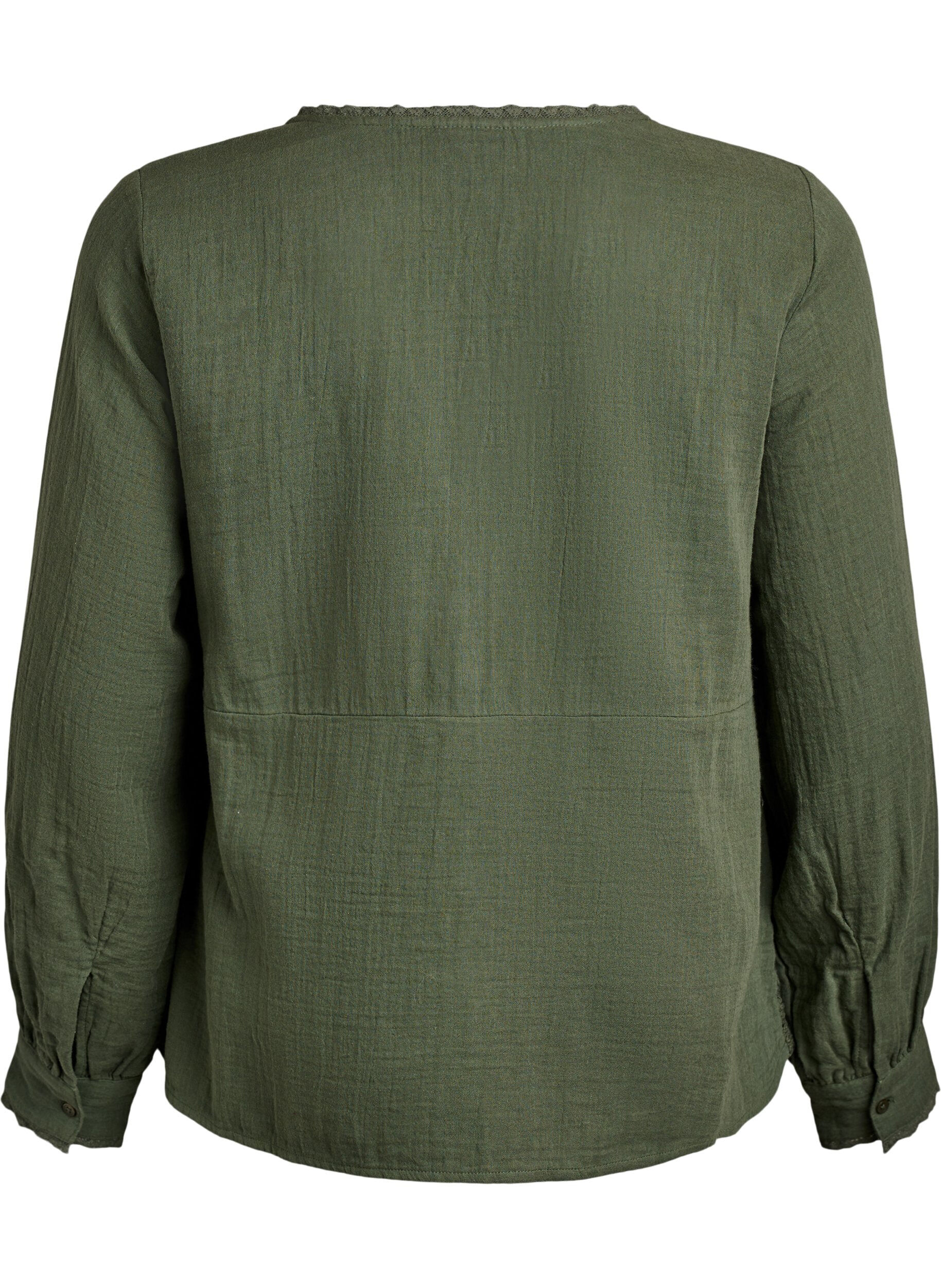 Zizzi Blus i muslinbomull med virkade detaljer, Gr&ouml;n, Packshot image number 1