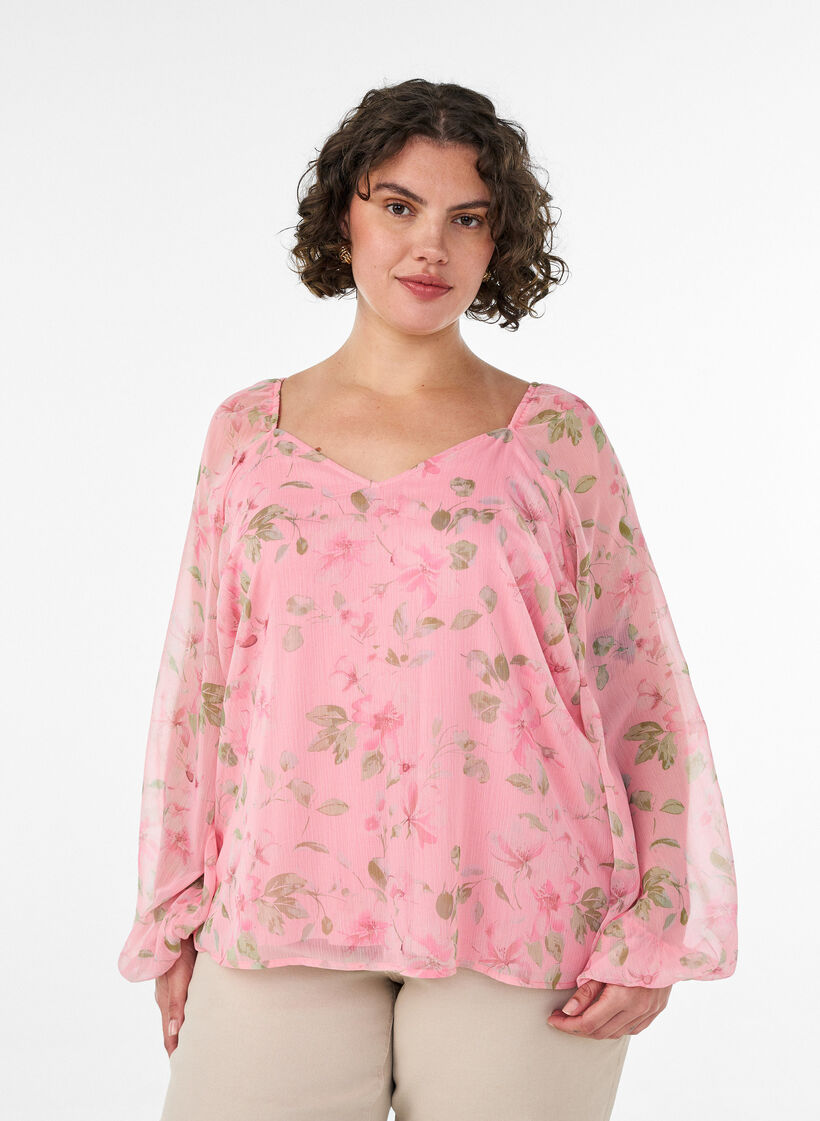 Chiffongblus med blommigt tryck och l&aring;nga &auml;rmar, Rosa, Model image number 0