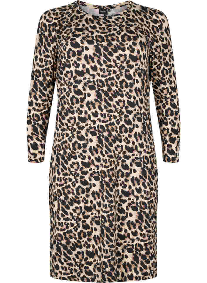 Leopardmönstrad klänning med långa ärmar, Leo, Packshot image number 0