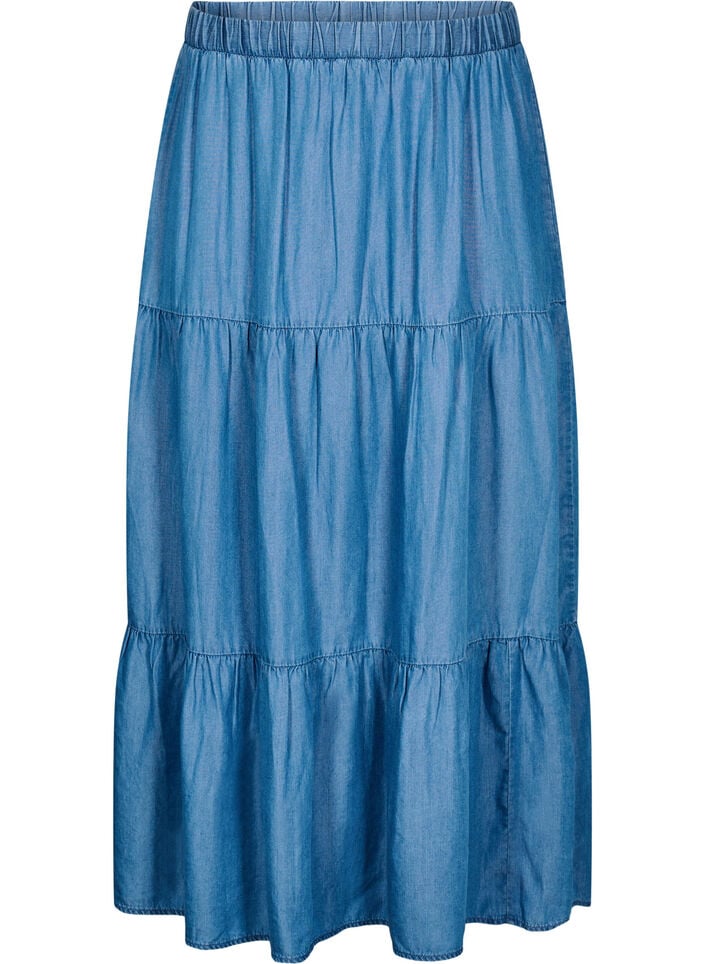 Maxijeanskjol med volanger, Bl&aring;, Packshot image number 0