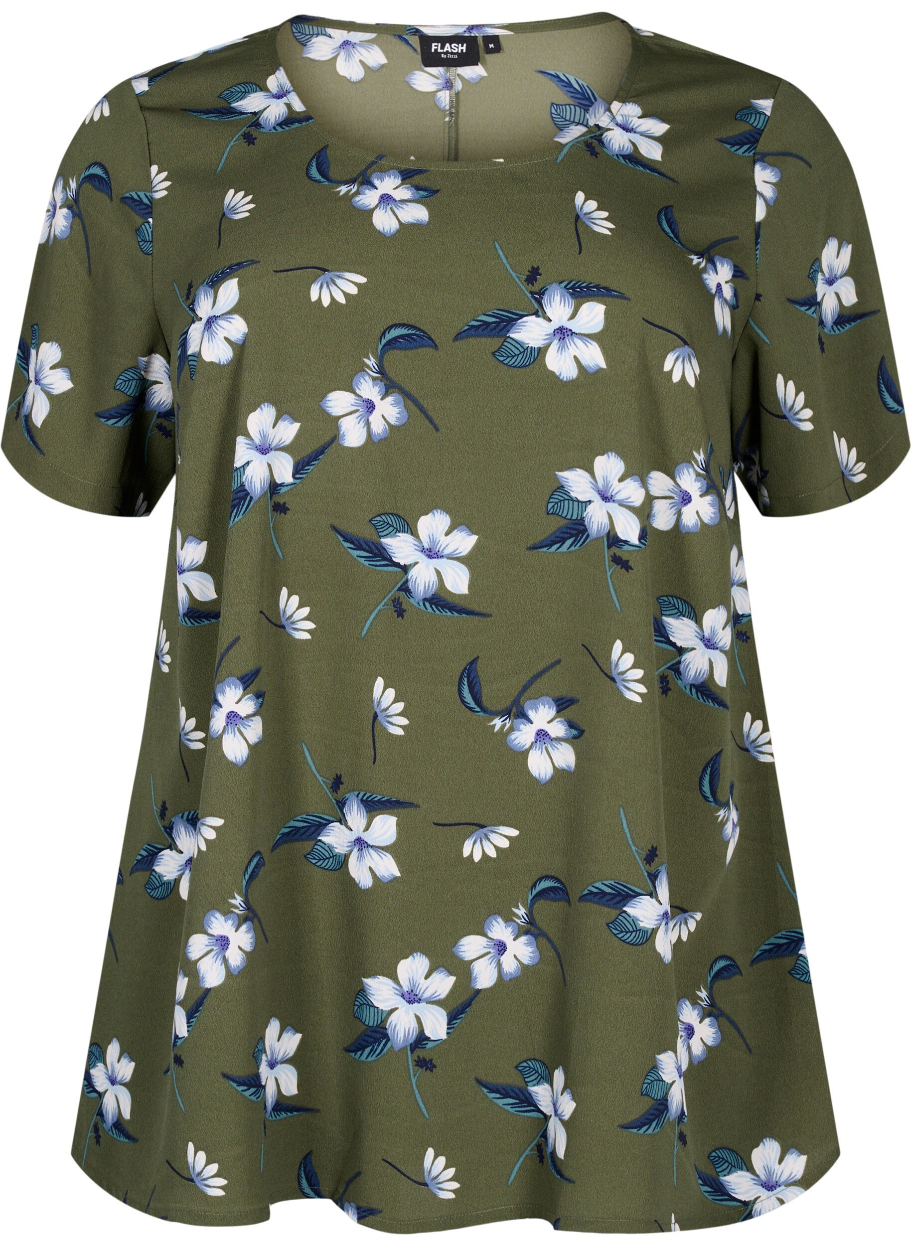 Zizzi FLASH - blus med kort &auml;rm och tryck, Olive Night Flower, Packshot image number 0